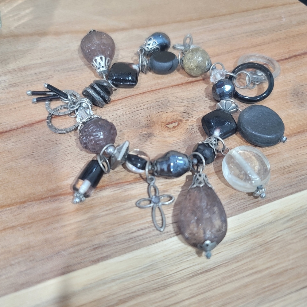 Handmade black silver tone cross Easter  charm bracelet